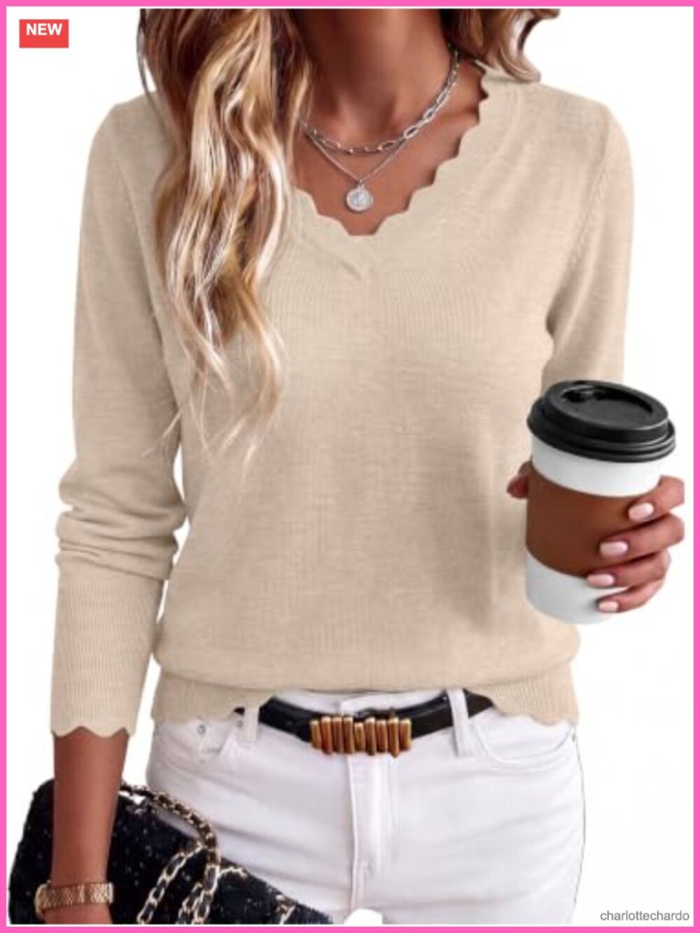 Lightweight V-Neck Knit Sweater Scalloped Trim Relaxed Pullover